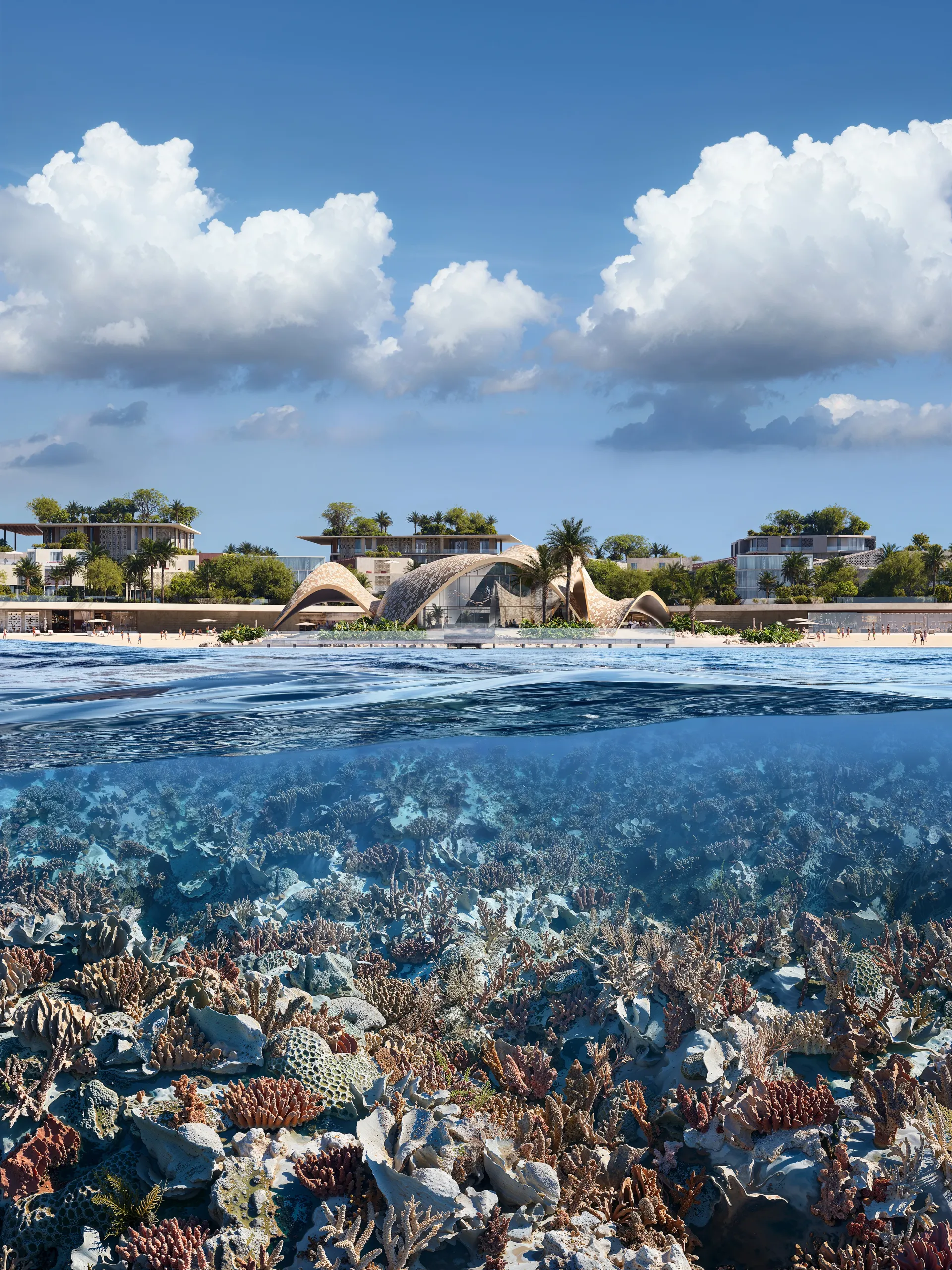The Mira Coral Bay shoreline above a living coral reef, its pavilions on the beach beyond
