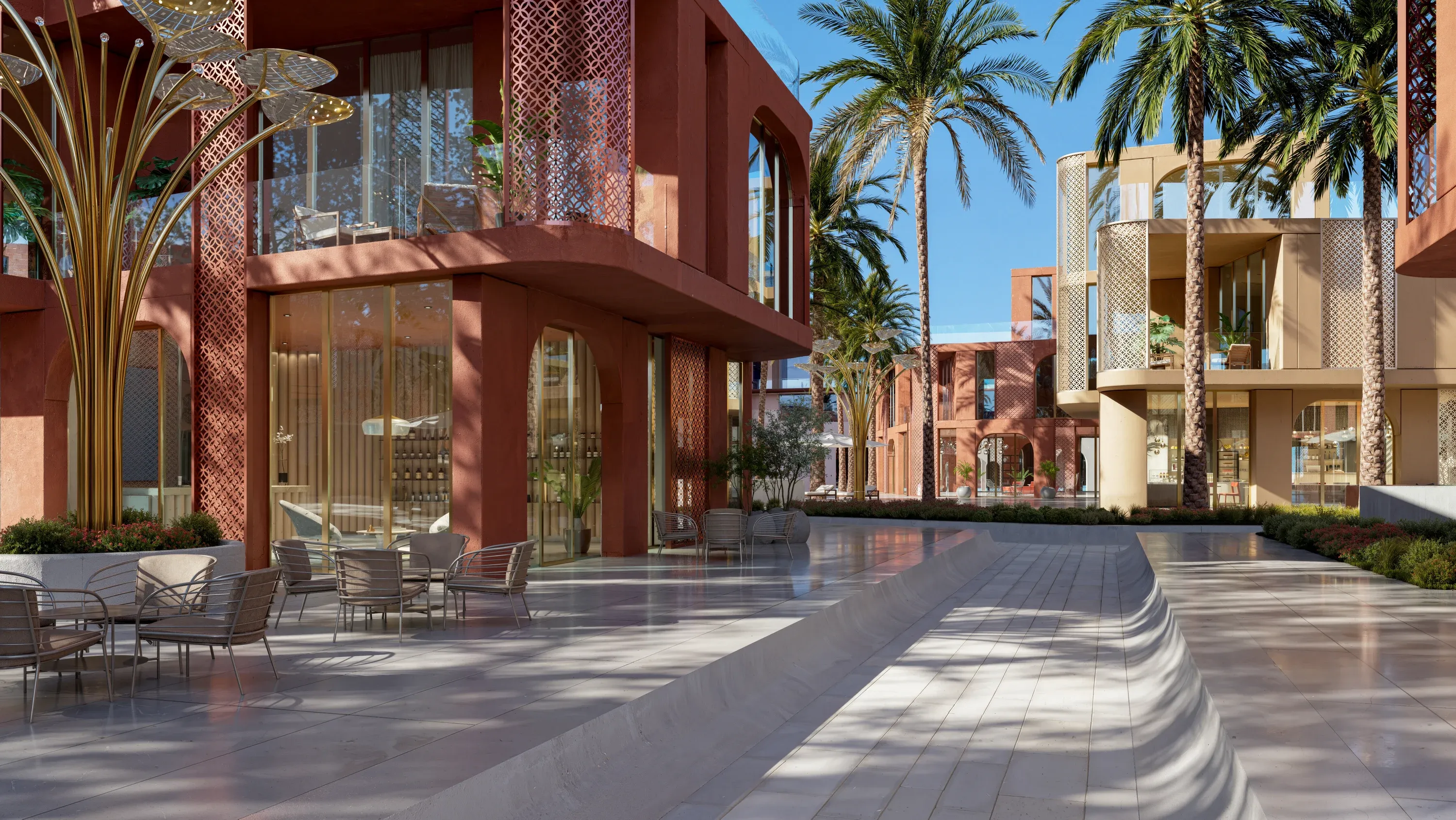 Cafés and boutiques along the Mira Coral Bay retail promenade, shaded by palms