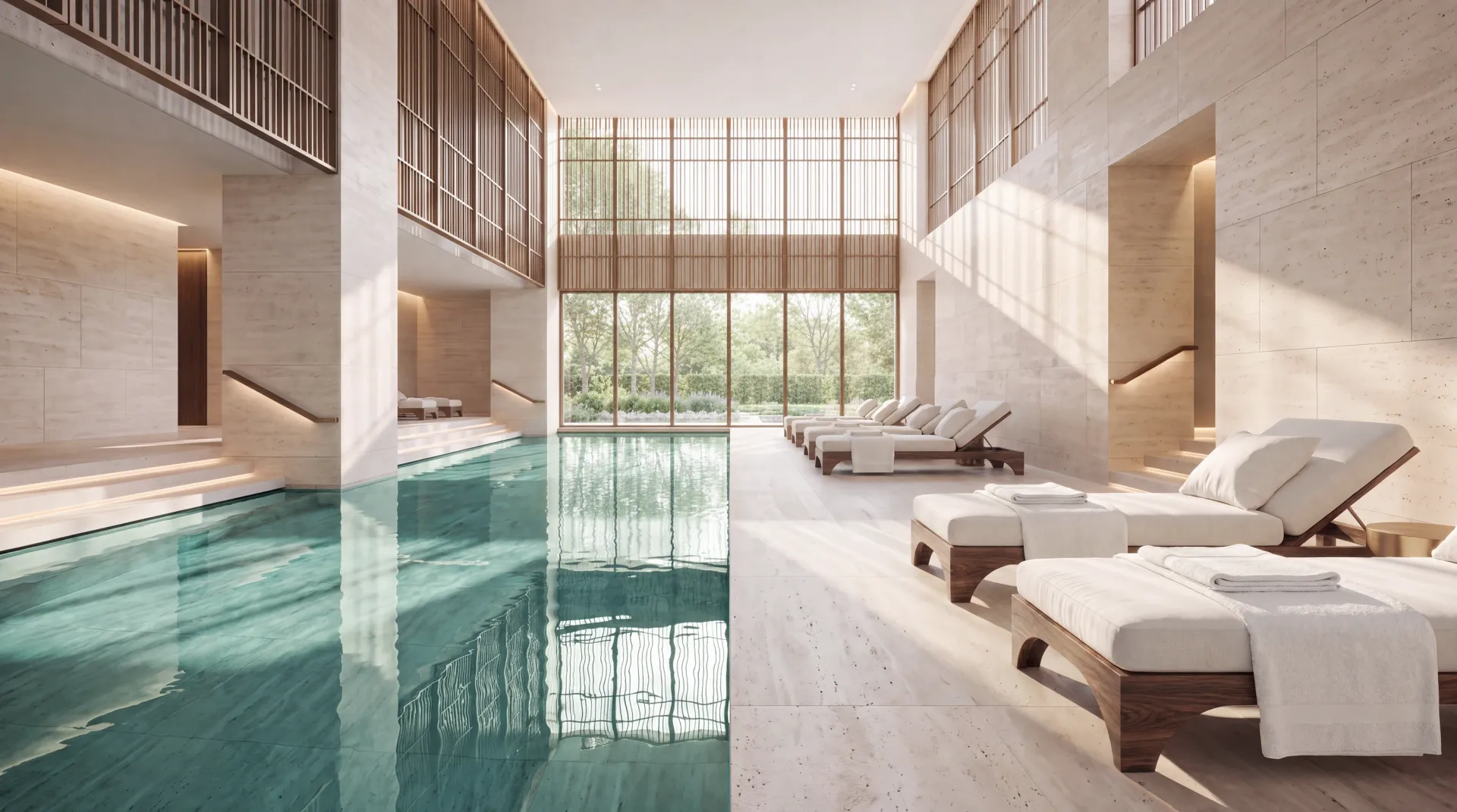 The relaxation pool at the Mira Coral Bay spa, daybeds along a double-height travertine hall