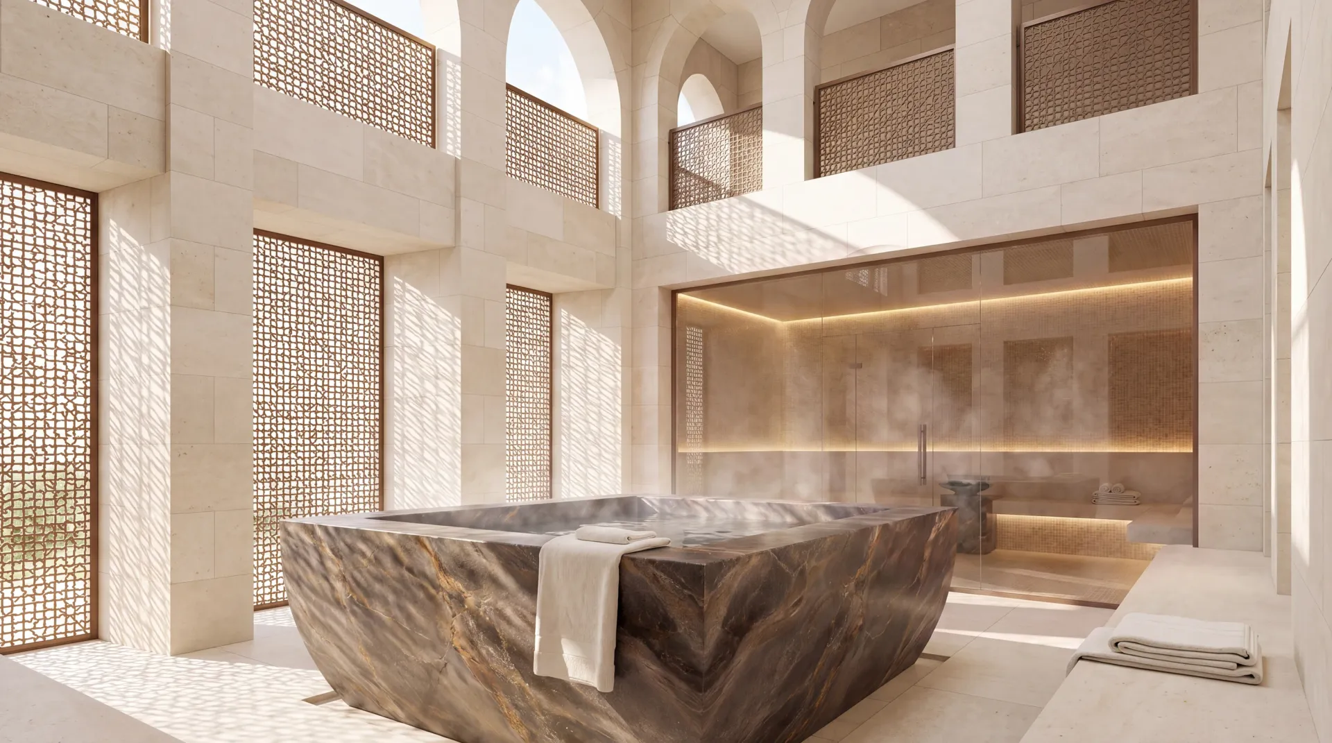 A carved stone bath at the Mira Coral Bay spa, the steam room glazed behind it
