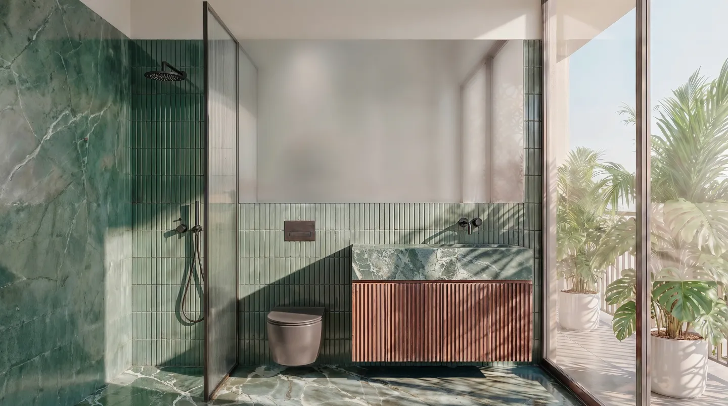 Badezimmer in Richmond Residences in grünem Marmor, die Dusche zur Bepflanzung hin geöffnet