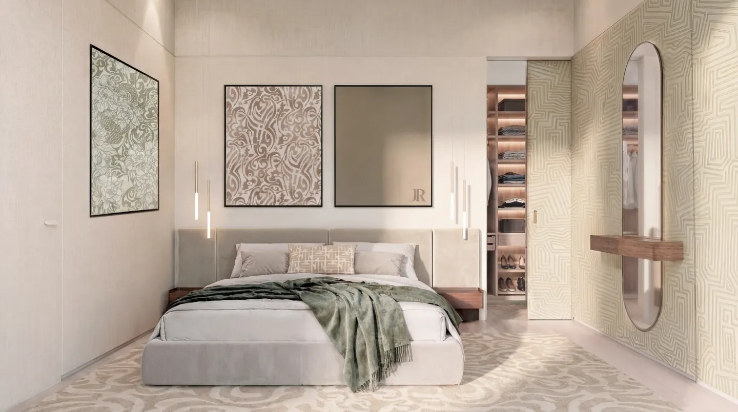 Schlafzimmer in Richmond Residences mit begehbarem Ankleidezimmer und dem John Richmond-Monogramm an der Wand