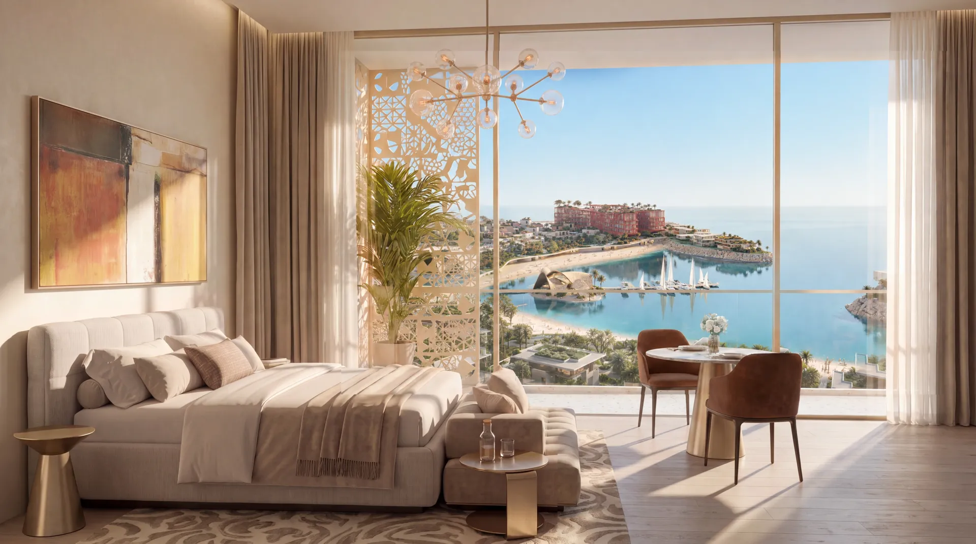 Schlafzimmer in Richmond Residences, Mira Coral Bay, raumhohe Verglasung über dem Wasser