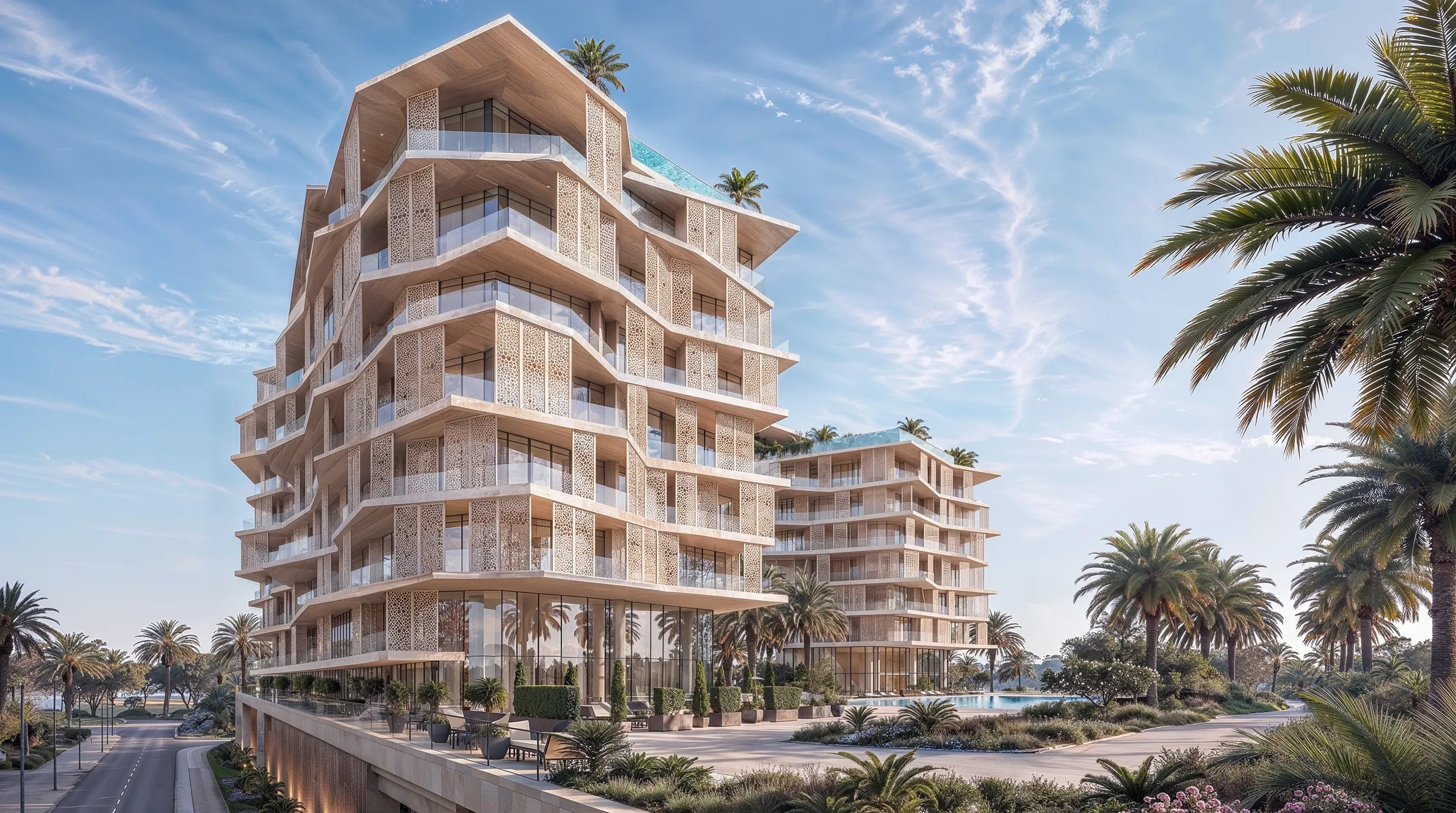 Mira Coral Bay 内 Richmond Residences 的临水立面，阳台在泳池平台之上层层后退