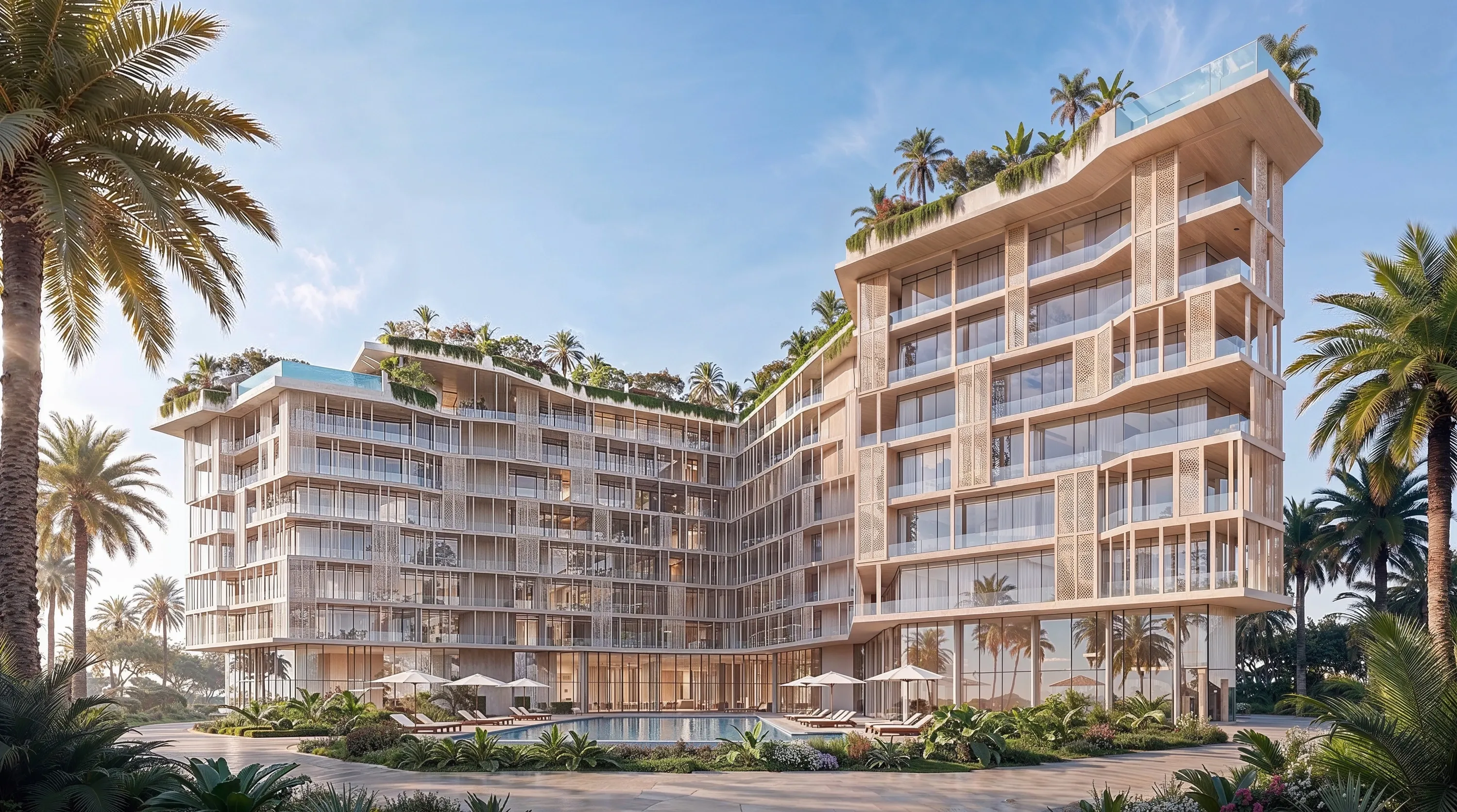 Wasserseitige Ansicht von Richmond Residences in Mira Coral Bay, die Balkone staffeln sich über dem Poolbereich zurück