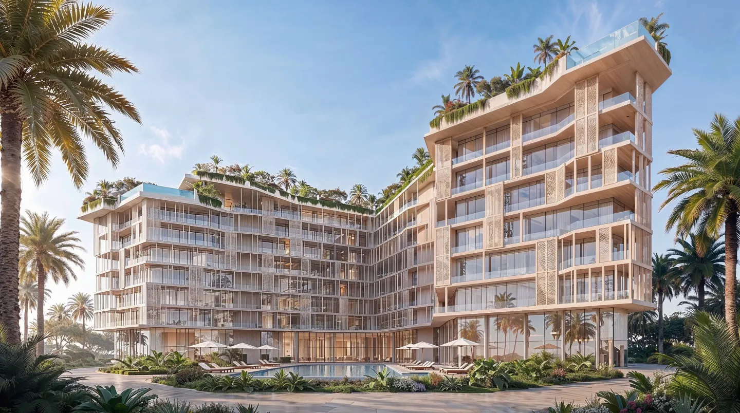 Fassade von Richmond Residences in Mira Coral Bay, gestaffelte Balkone über den Palmen
