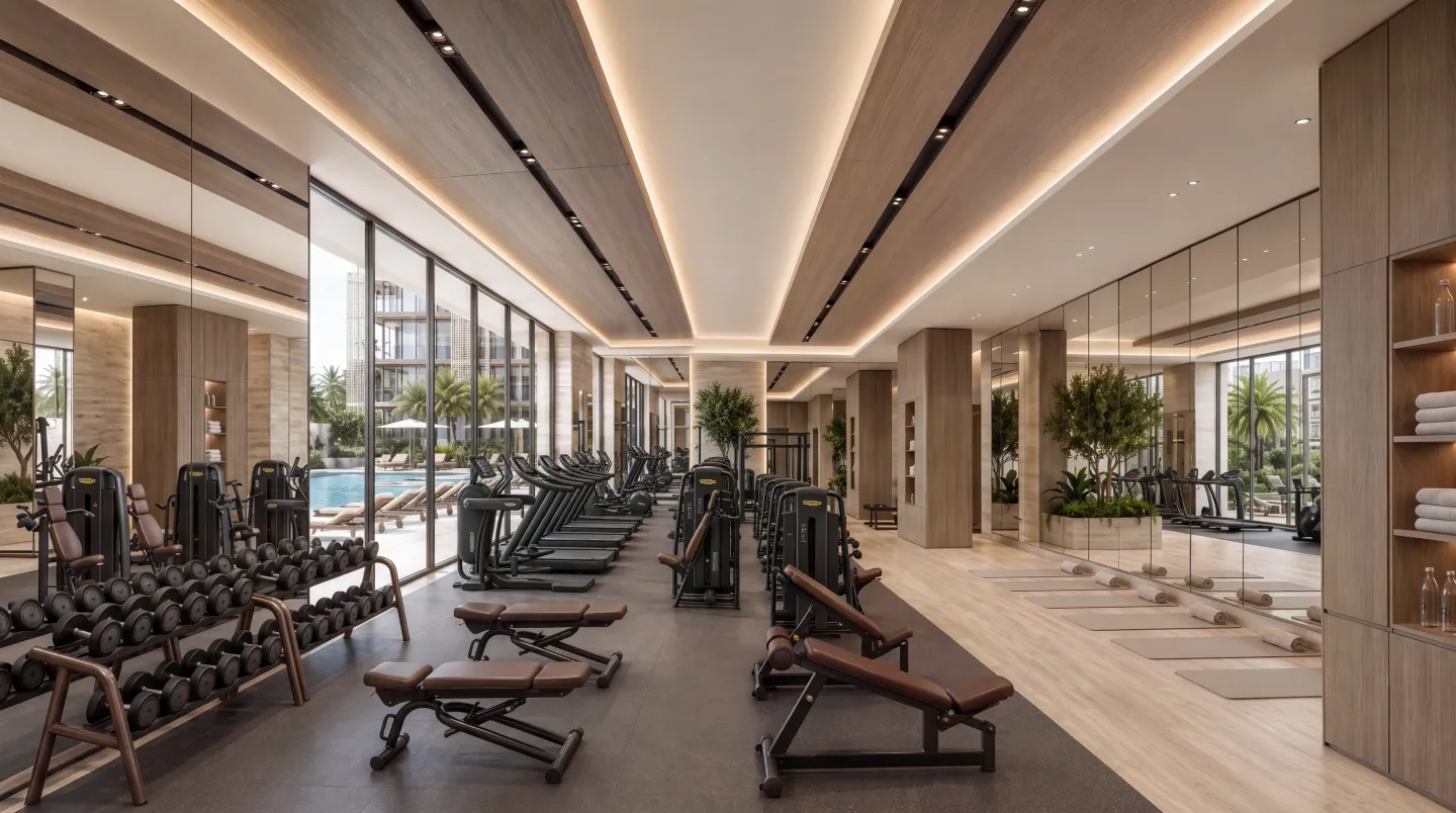 Der Bewohner-Fitnessbereich von Richmond Residences, Mira Coral Bay mit Technogym-Geräten an der Poolverglasung