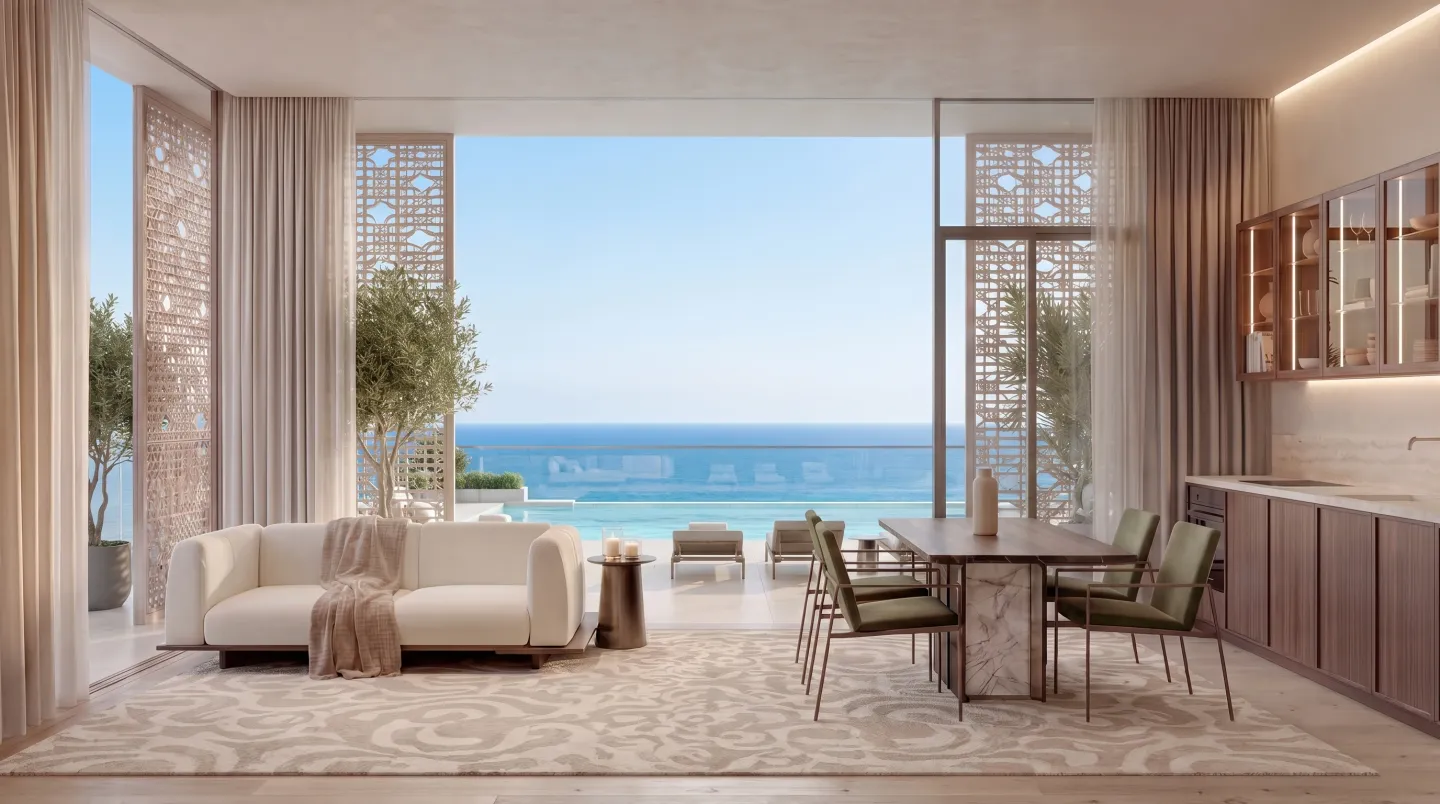 Wohn-Ess-Bereich in Richmond Residences mit Zugang zur Terrasse über dem Strand
