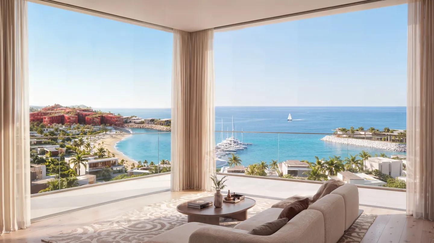 Möbliertes Wohnzimmer in Richmond Residences, Mira Coral Bay, Eckverglasung zur Bucht