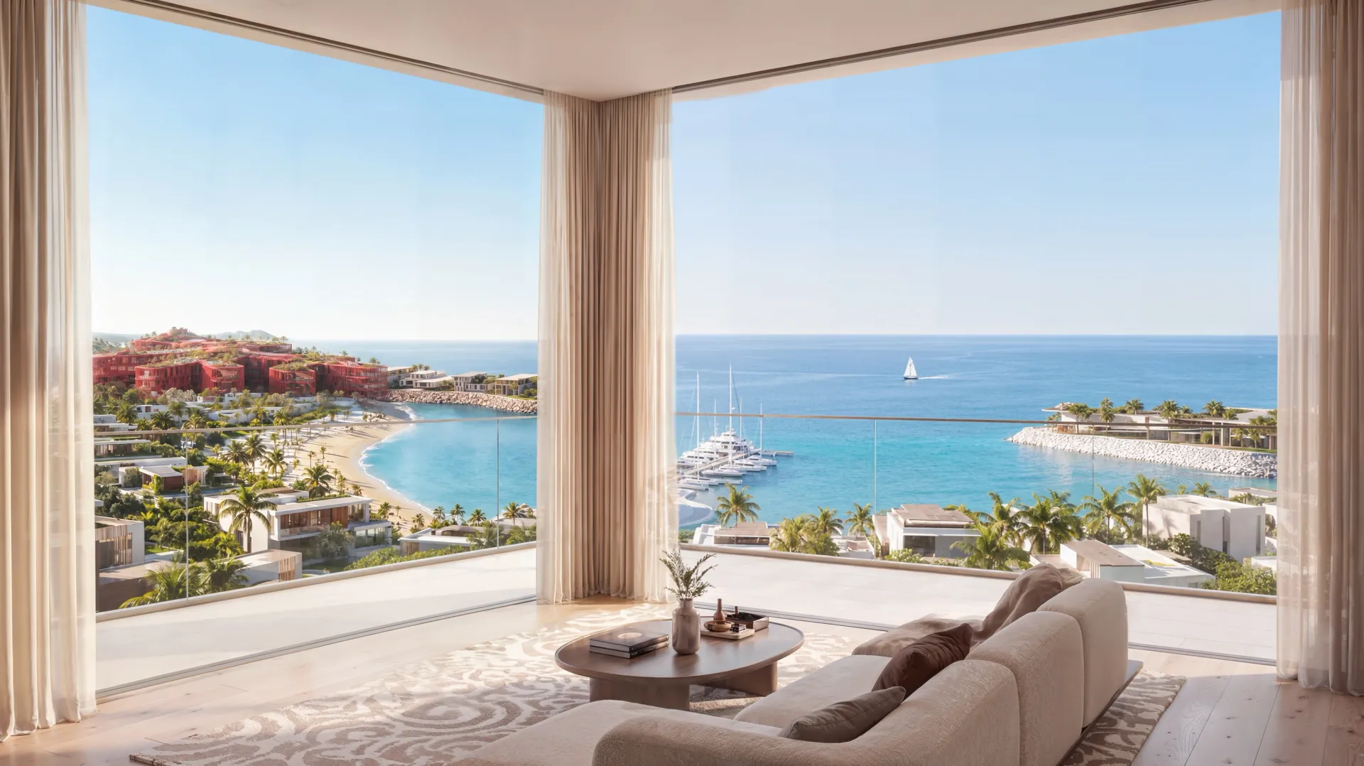 Möbliertes Wohnzimmer in Richmond Residences, Mira Coral Bay, Eckverglasung zur Bucht