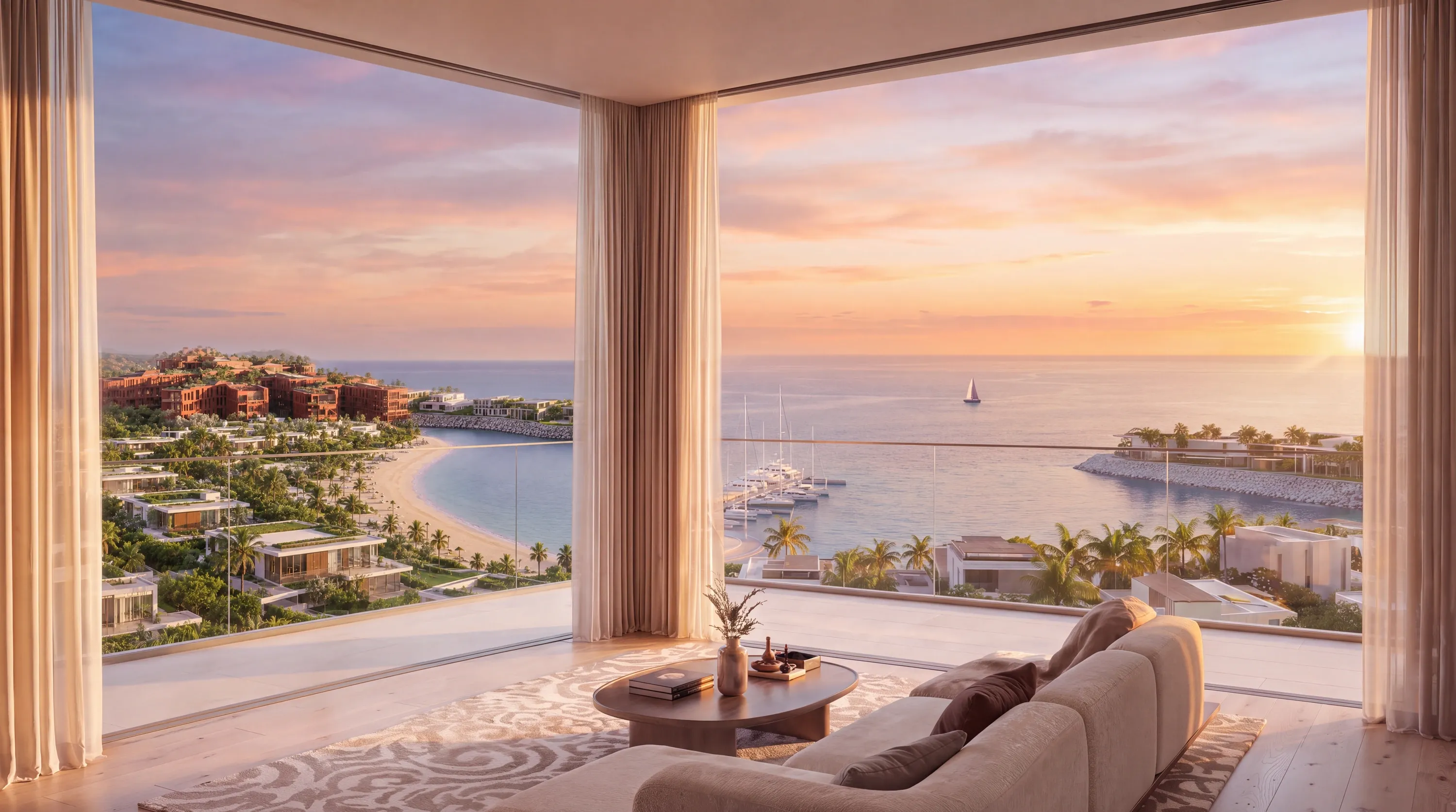 Wohnzimmer in Richmond Residences, Mira Coral Bay, bei Sonnenuntergang, hinter der Verglasung Bucht und Küste
