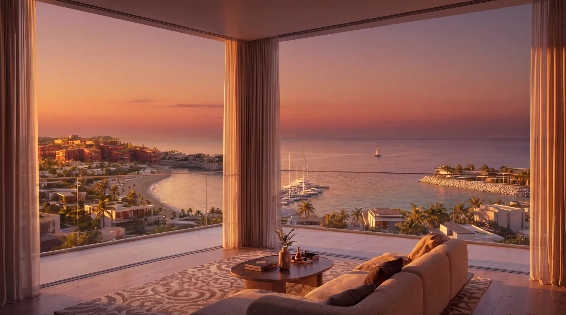 Terrasse in Richmond Residences, Mira Coral Bay, bei Sonnenuntergang, dahinter die Küste von Mira Coral Bay