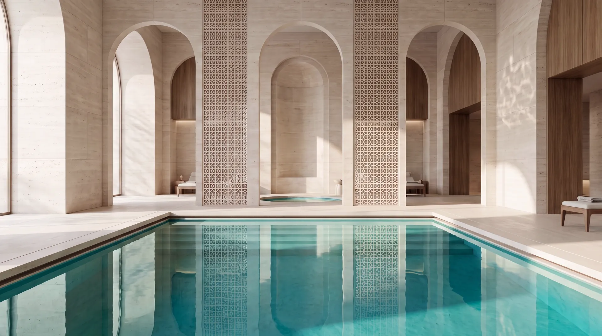 Der Bewohner-Pool von Richmond Residences, Mira Coral Bay in einer Halle mit Steinbögen