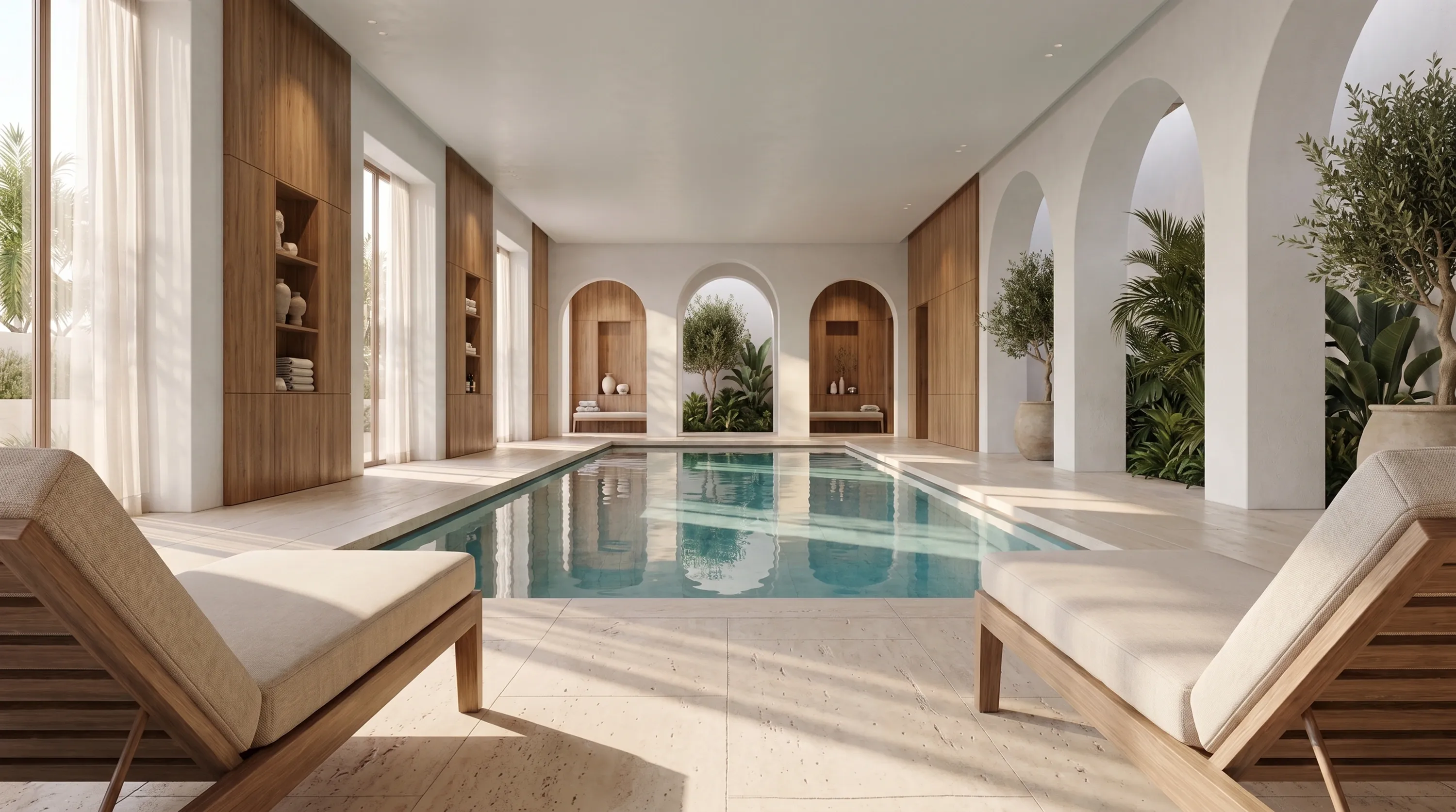 Der Bewohner-Pool von Richmond Residences, Mira Coral Bay, Liegen am Wasser unter einer Kolonnade