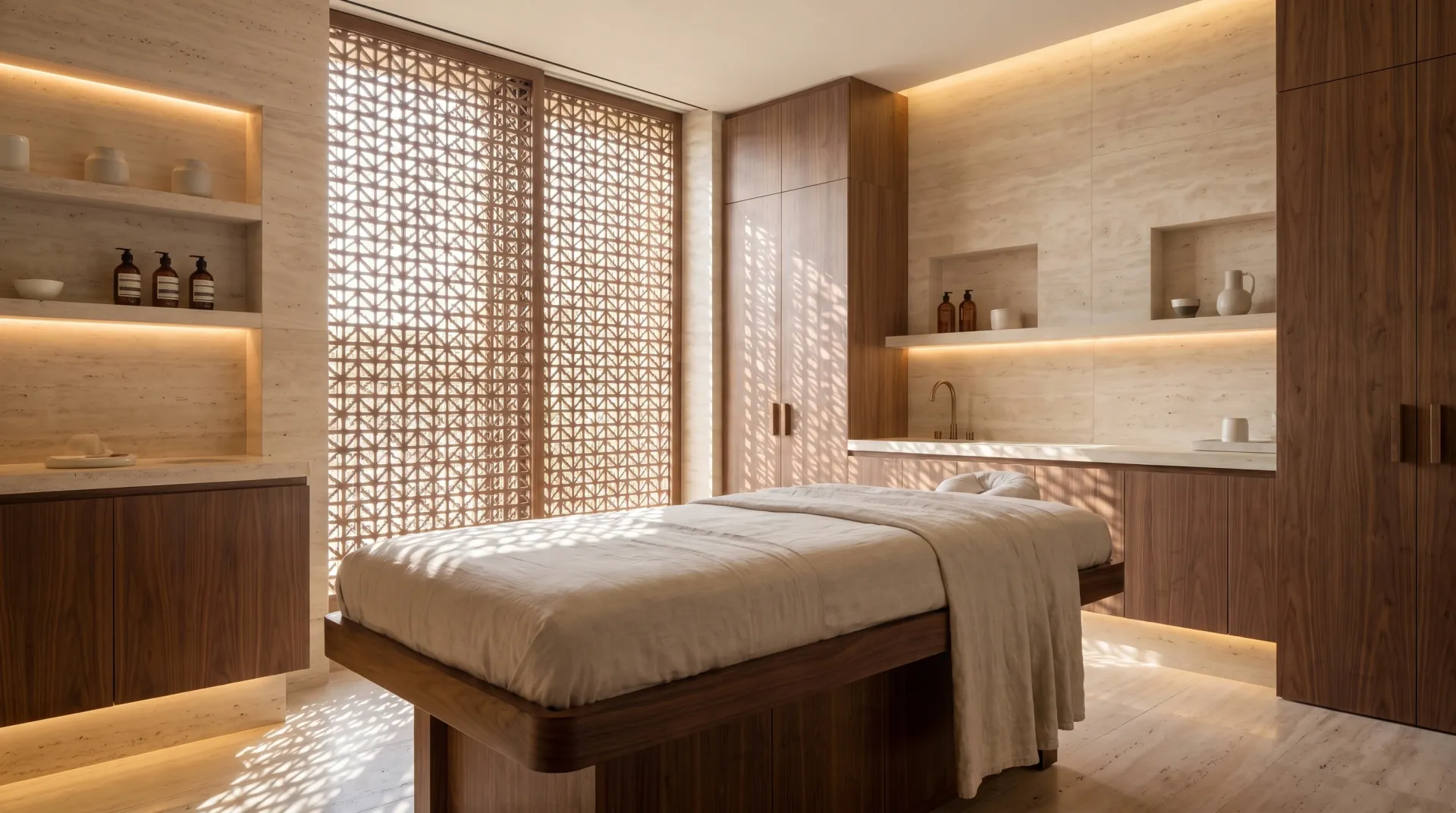 Behandlungsraum im Spa von Richmond Residences, Mira Coral Bay, hinter hölzernen Gitterblenden